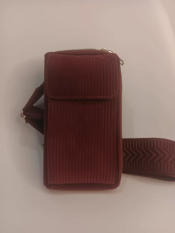 Sac téléphone bandoulière bordeaux en velours côtelé – portefeuille multifonction