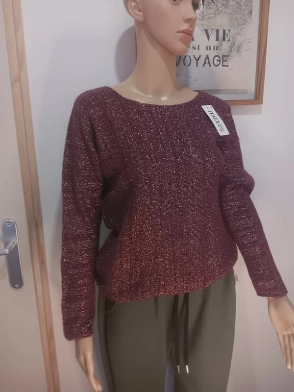 Pull femme bordeaux brillant – laine & alpaga – neuf avec étiquette