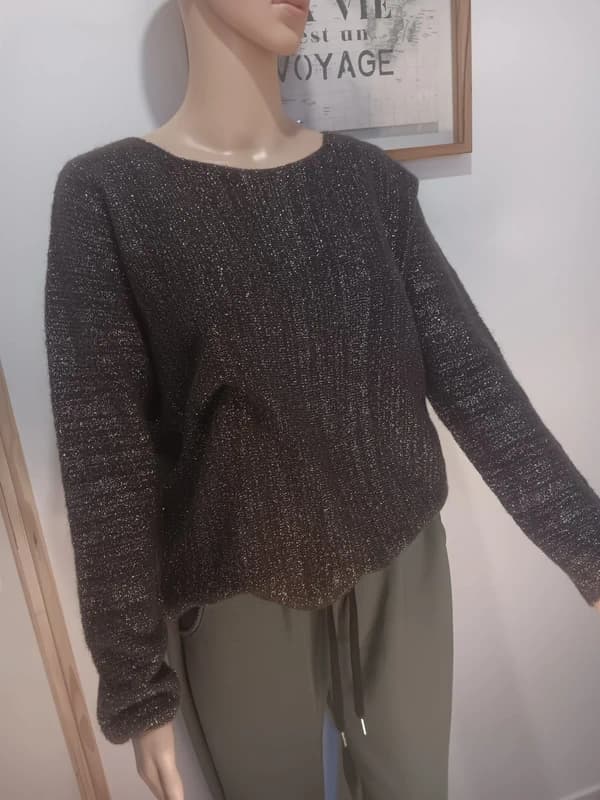 Pull femme chocolat brillant – laine & alpaga – neuf avec étiquette