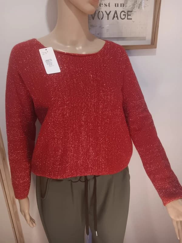 Pull femme rouge brillant – laine & alpaga – neuf avec étiquette