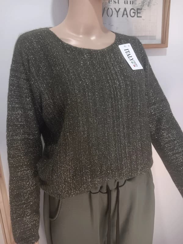 Pull femme kaki brillant – laine & alpaga – neuf avec étiquette