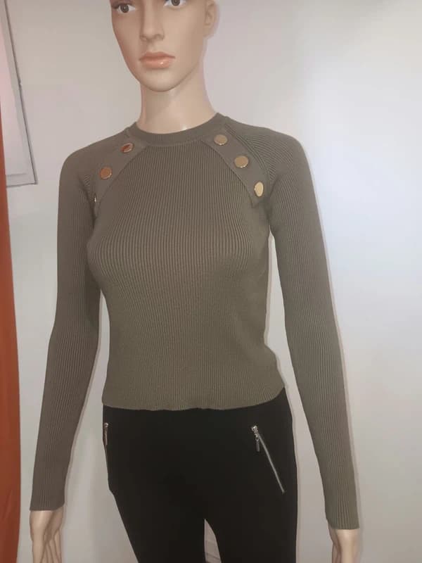 Pull Zara kaki côtelé taille S – boutons dorés épaules