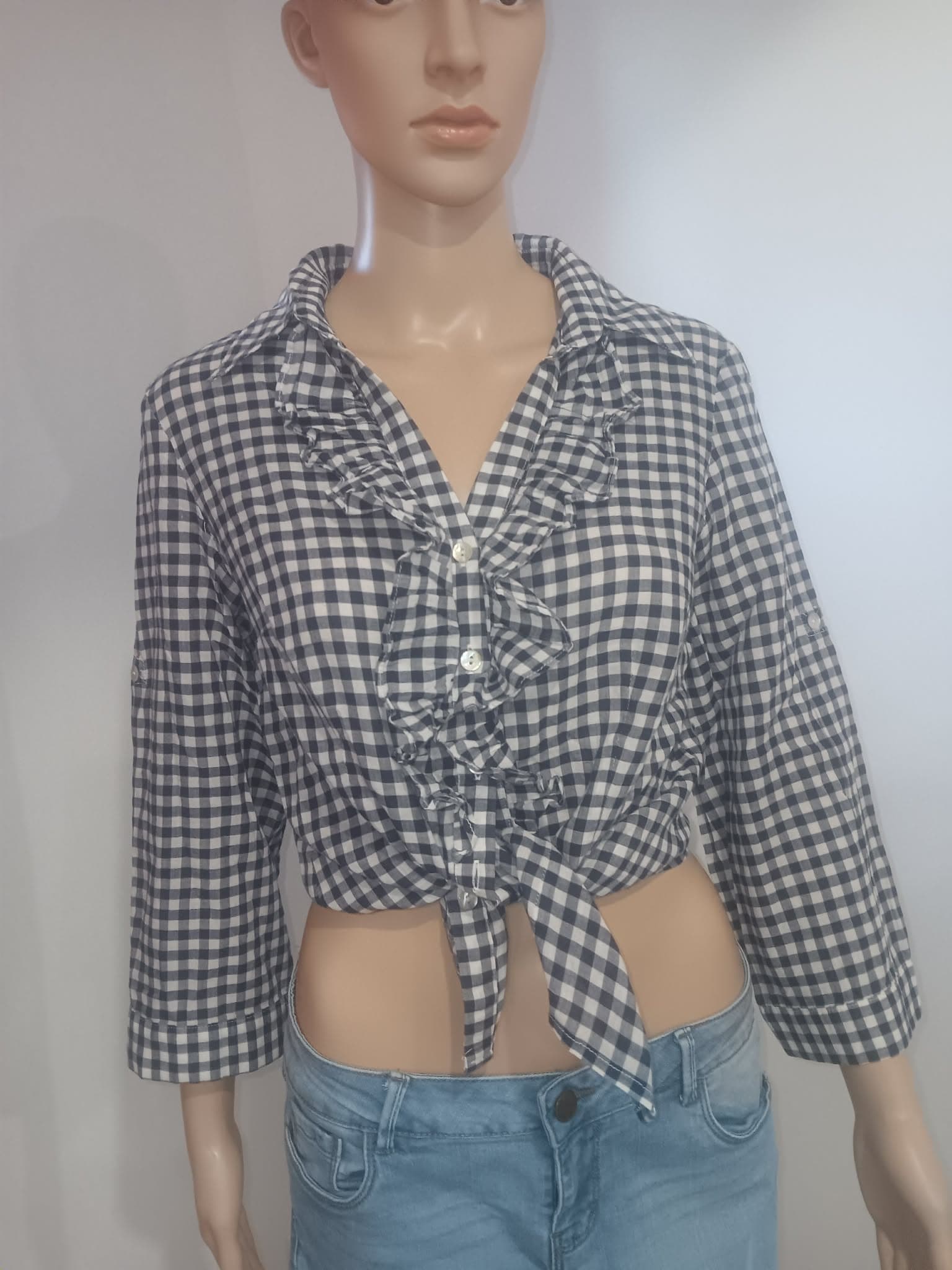 Chemise Caroll vichy bleu marine & blanc à volants – Taille 40